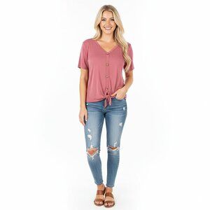 Atelier 29 plum colored large button tie front top